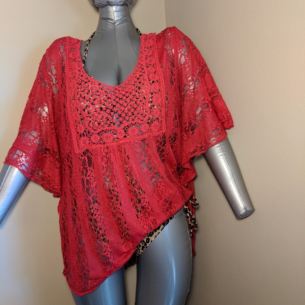 Red Versatile Lace Sheer top or swim cover-up - Picture 3 of 7
